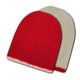 Two beanies are placed overlapping; one is vibrant red, the other is beige. They are positioned against a plain white background.