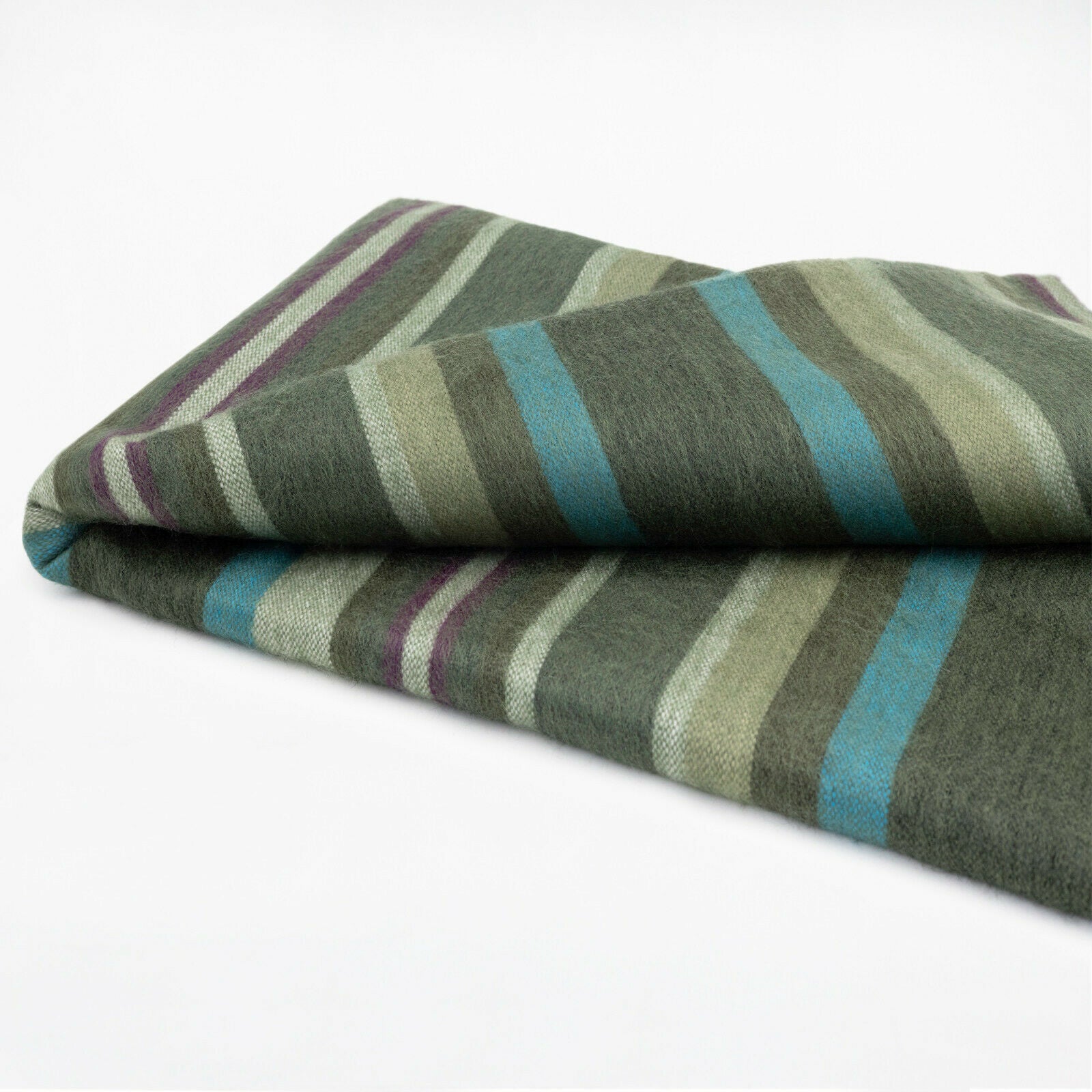 Jambue - Baby Alpaca Wool Throw Blanket / Sofa Cover - Queen 95" x 66" - olive green stripes pattern