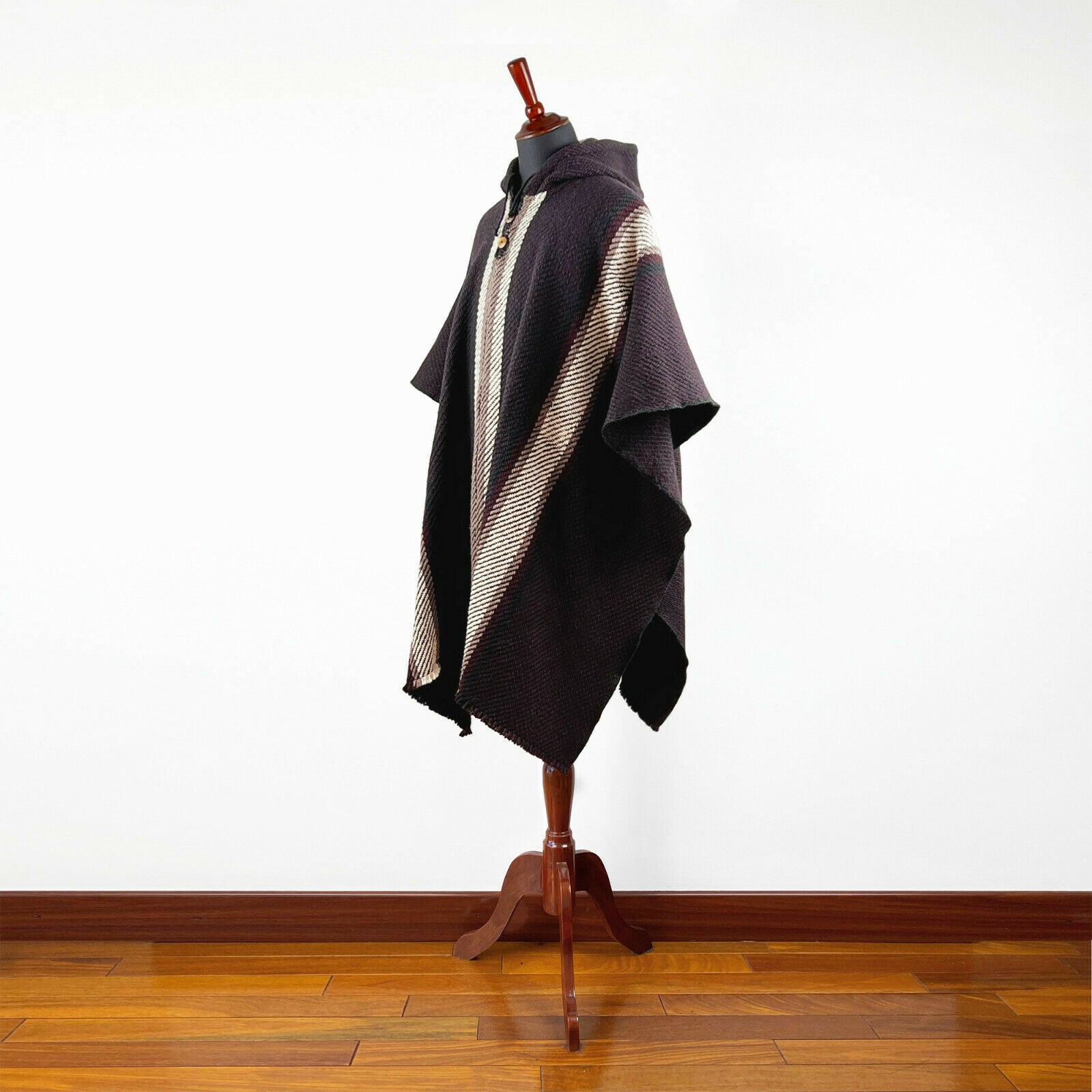 Paqui - Llama Wool Unisex South American Handwoven Thick Hooded Poncho - striped - dark purple