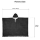 A grey hooded poncho with decorative patterns is laid flat. It measures 116 cm (46 inches) wide and 108 cm (43 inches) tall, with fringes along the bottom edge. Text: Poncho sizes.