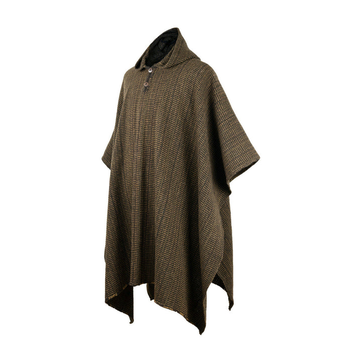 Zampu thick llama wool hooded poncho – a hooded poncho hangs freely, displaying a checkered brown pattern. It has two buttons at the neckline and broad, draping sleeves. The backdrop is plain white