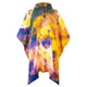 A colorful poncho features a tie-dye pattern with yellow, purple, and blue hues, displayed against a white background. It has a hood with buttons near the neckline for closure.