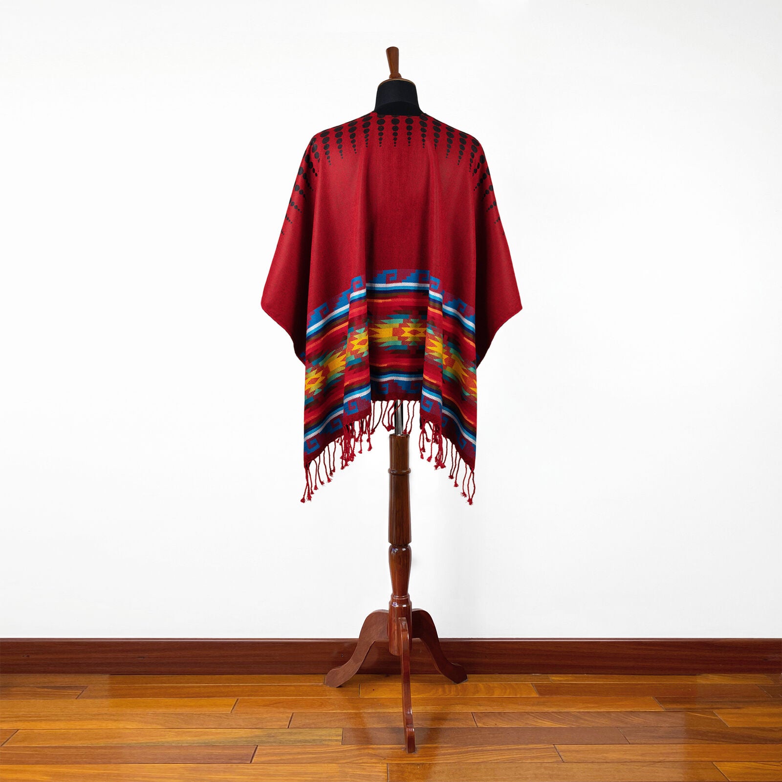 Lightweight Thin Alpaca Wool UNISEX Ruana Cape Poncho/Shawl - Red with authentic pattern