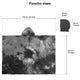 A tie-dye poncho with a hood is shown with dimensions: 110 cm (43 inches) wide, 95 cm (37 inches) tall, hood 23 cm (9 inches) by 34 cm (13 inches). Text: Poncho sizes.