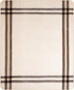 A beige blanket features intersecting black and brown striped borders, creating a plaid pattern. The fabric appears soft, with a smooth texture, and is laid out flat.