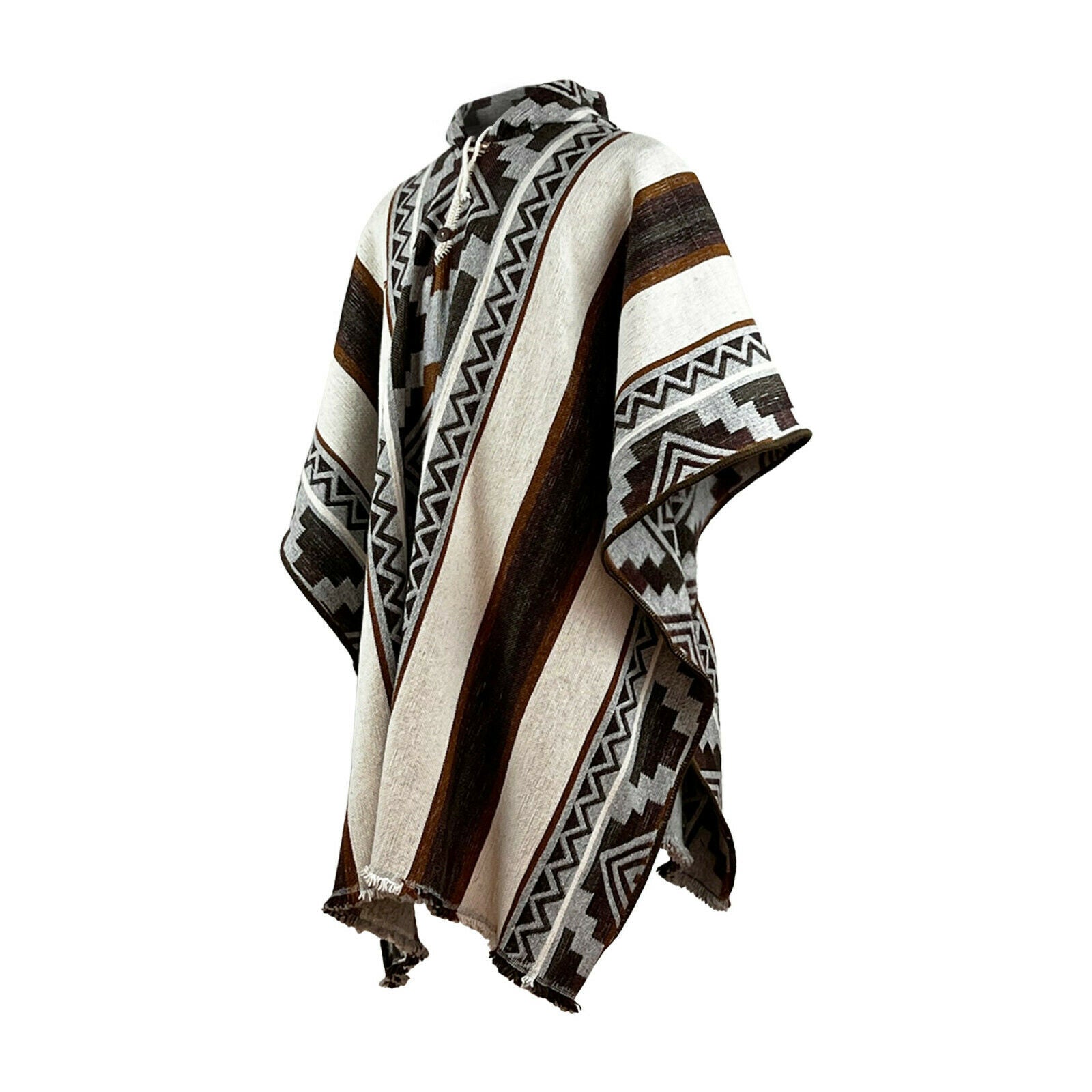 Nunka - Llama Wool Unisex South American Handwoven Thick Hooded Poncho - Andean pattern - natural colours