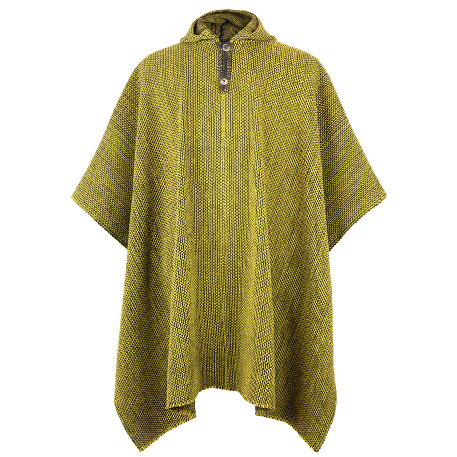 Cangochara - Llama Wool Unisex South American Handwoven Thick Hooded Poncho - solid light green/camo pattern