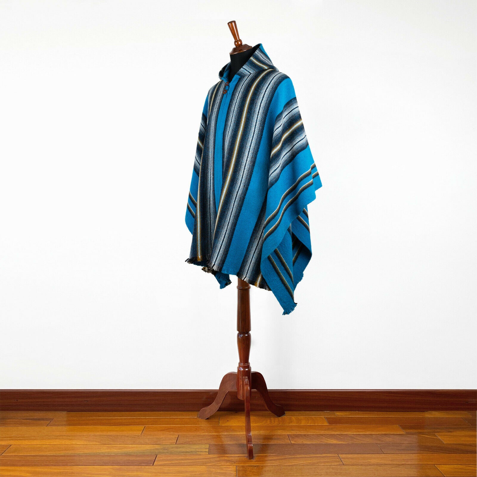 Ayuy - Llama Wool Unisex South American Handwoven Thick Hooded Poncho - striped - azure blue