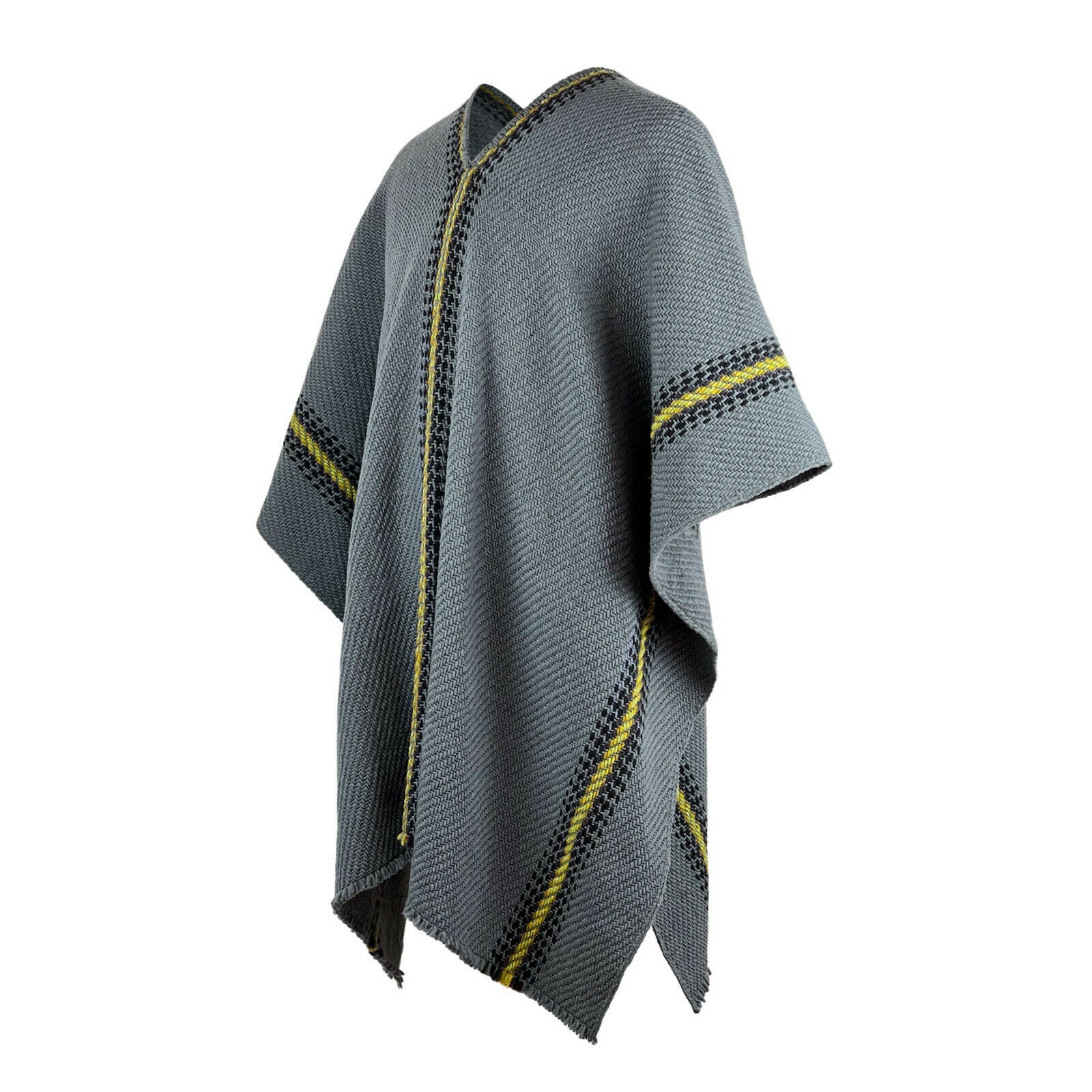 Saquea - Llama Wool Unisex South American Handwoven Thick Serape Poncho - striped - gray