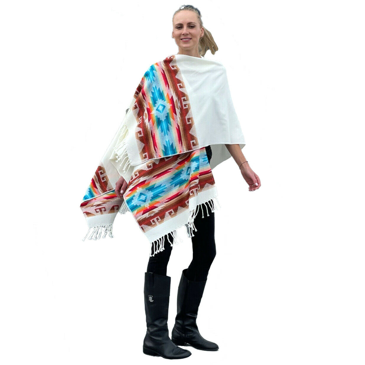 Lightweight Thin Alpaca Wool UNISEX Ruana Cape Poncho/Shawl - White with authentic pattern