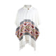 A white poncho featuring a buttoned collar and intricate geometric border patterns, including zigzags and motifs in earthy colors, with fringed edges. Displayed against a plain background.