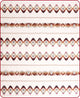 A fabric pattern features rows of symmetrical, diamond-shaped motifs in red, brown, and white, aligned horizontally. The background is light, with thin lines adding decorative detail between designs.