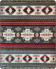 Geometric patterns form intricate designs on a woven textile, featuring diamond shapes in red, blue, green, and white. The repeating motifs create a vibrant, symmetrical arrangement.