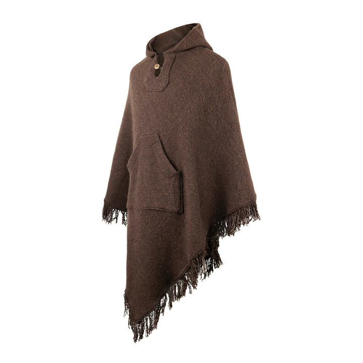 A brown woolen poncho, featuring a buttoned neckline, pocket, and fringed edges, is displayed against a plain white background.