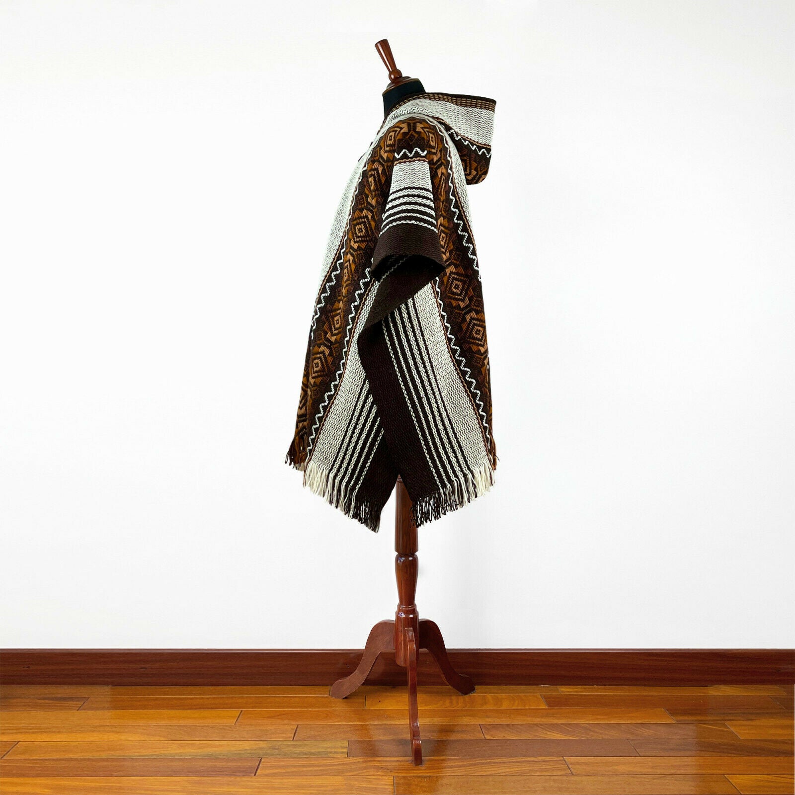 Tumbucutza - Llama Wool Unisex South American Handwoven Hooded Poncho - brown with diamonds pattern