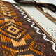 Intricately knitted fabric with geometric brown and orange patterns featuring diamond shapes. White zigzag lines run parallel, creating a textured contrast. Buttons on a netted collar appear in the background.