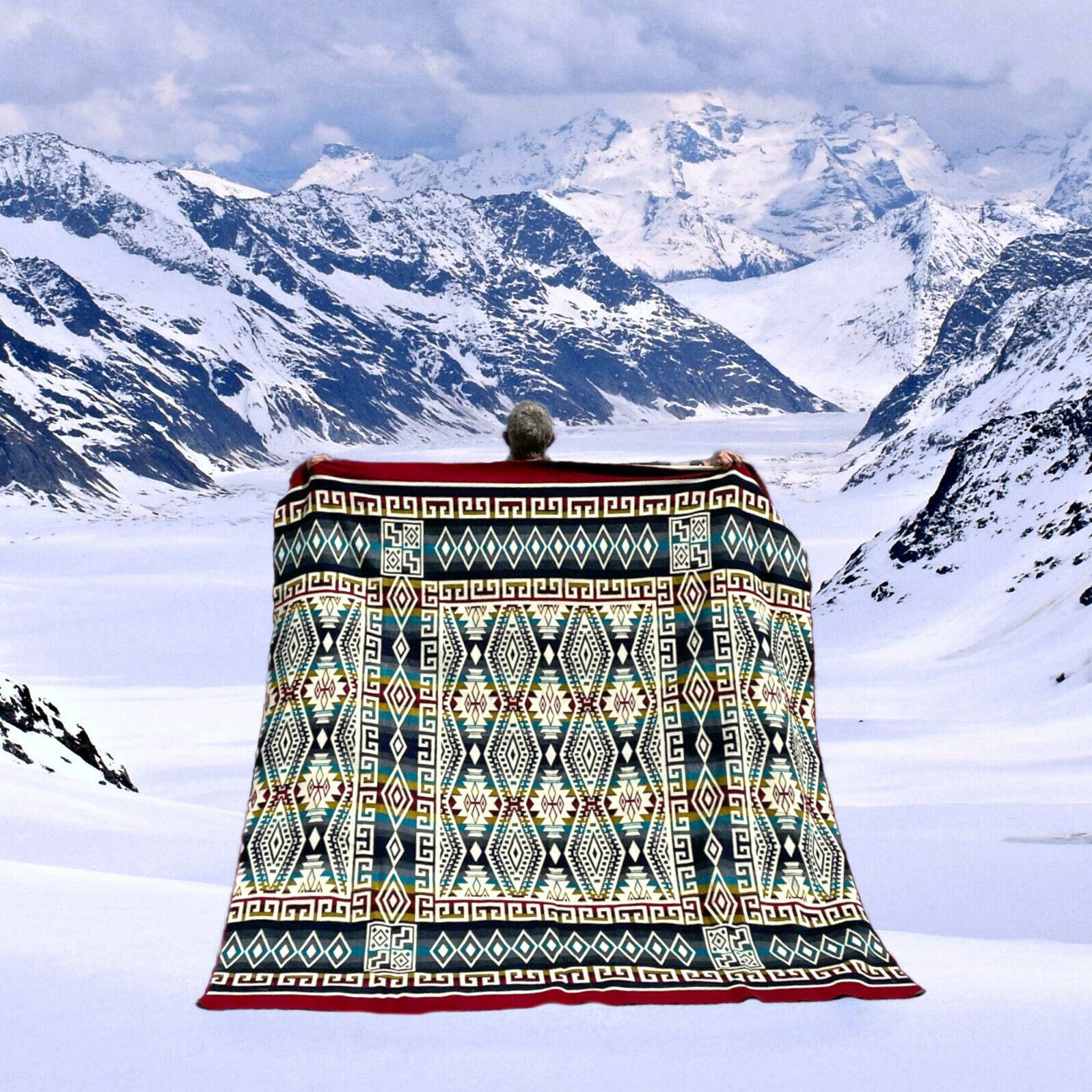 Cahuasqui - Baby Alpaca Blanket - Extra Large - Reversible Aztec Pattern - blue-red