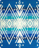 Geometric pattern: White triangles and diamonds form a symmetrical design over blue gradient stripes, with circles accentuating the shapes in an abstract and bold style.