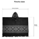 A black poncho with a hood lies flat, featuring geometric patterns and fringed hems. Measurements are noted: 112 cm (44 inches) wide and 87 cm (34 inches) tall. Text reads: Poncho sizes.