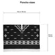 Poncho with geometric patterns lies flat, showing dimensions of 142 cm / 56 inches wide and 97 cm / 38 inches high, white and black design, with fringe at the bottom. Text: Poncho sizes.