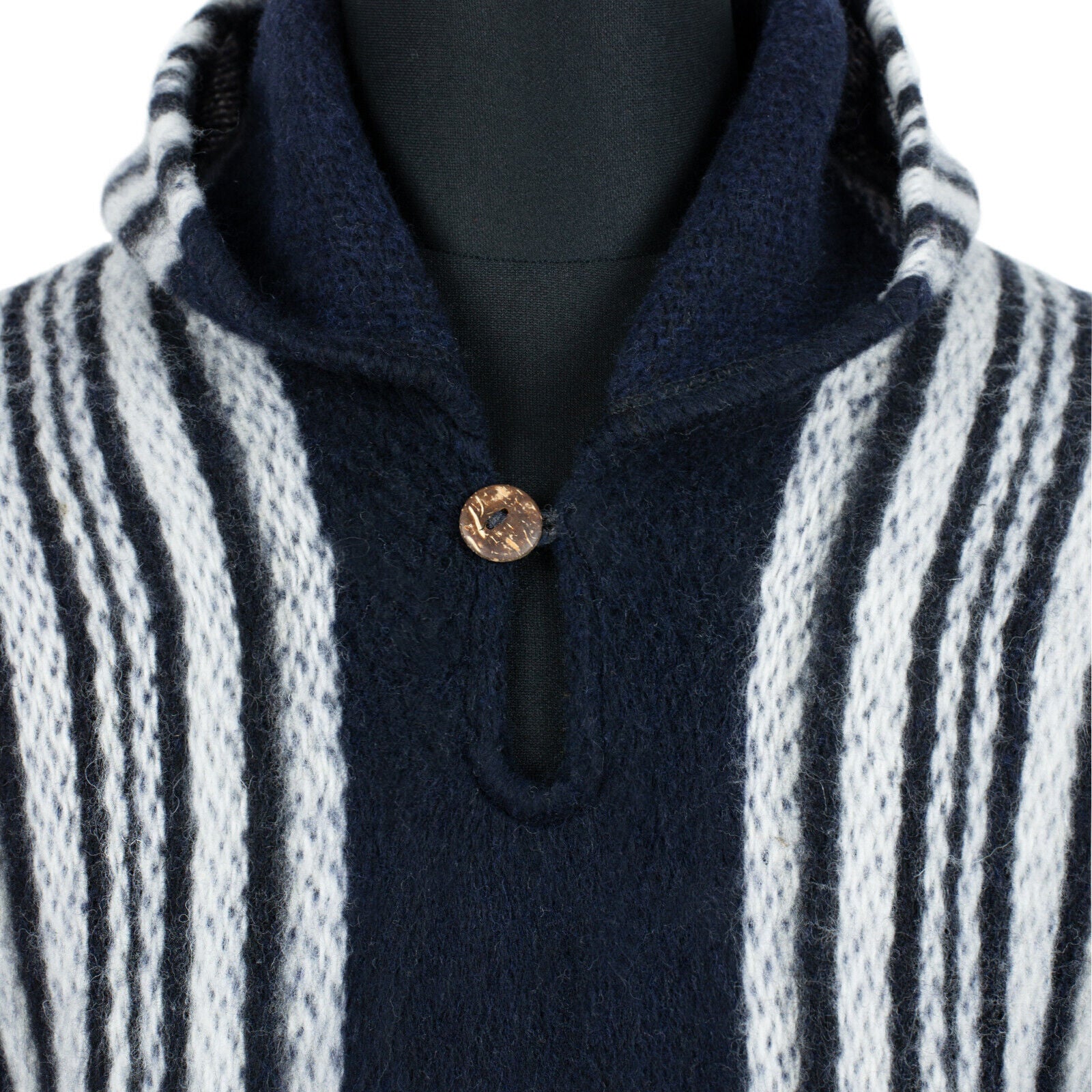 Tarume - Llama Wool Unisex South American Handwoven Hooded Poncho - midnight blue striped pattern
