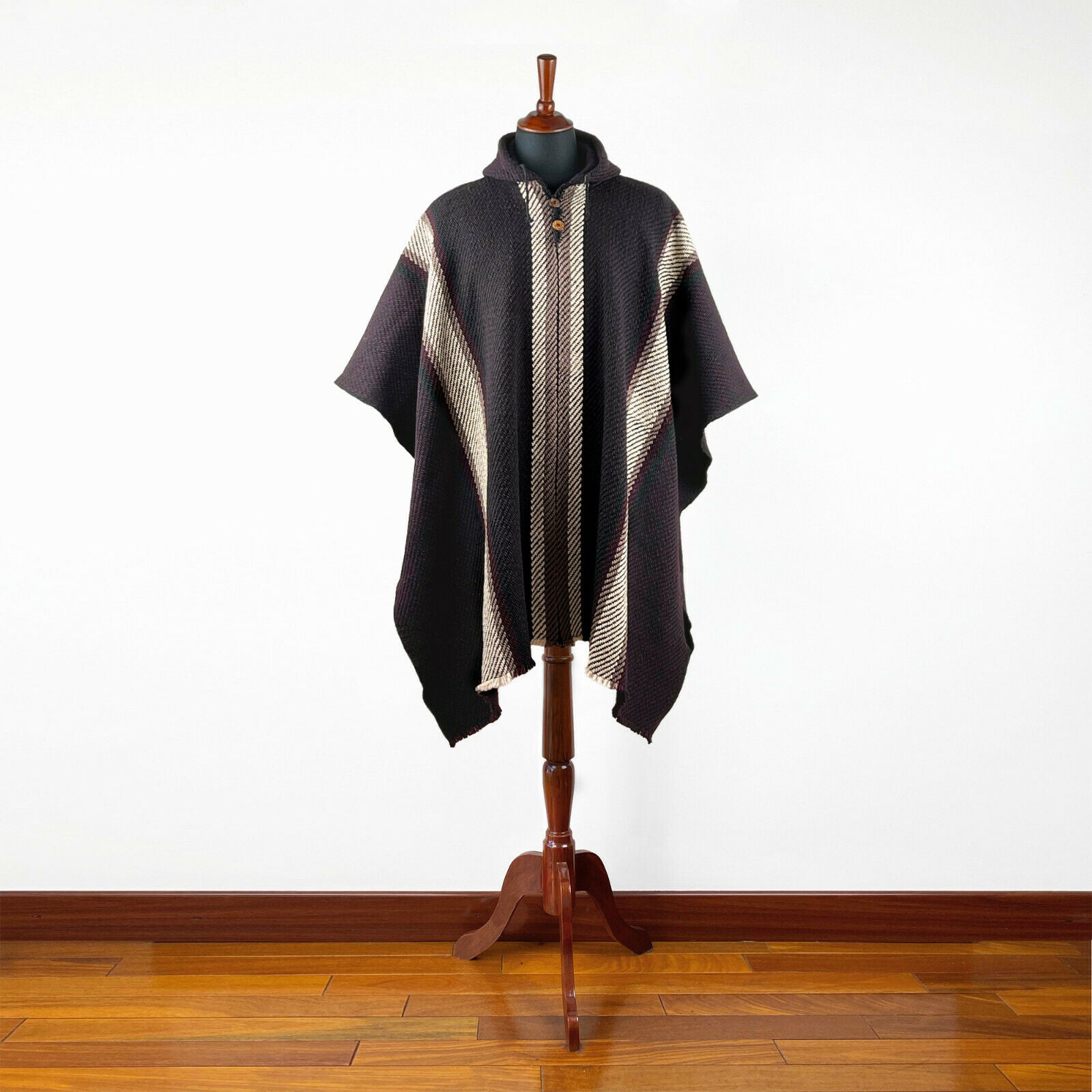 Paqui - Llama Wool Unisex South American Handwoven Thick Hooded Poncho - striped - dark purple