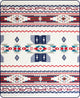 A fabric displays geometric patterns in red, blue, and teal, featuring stripes, diamonds, and zigzags, set against a cream background, creating a Southwest-inspired design.