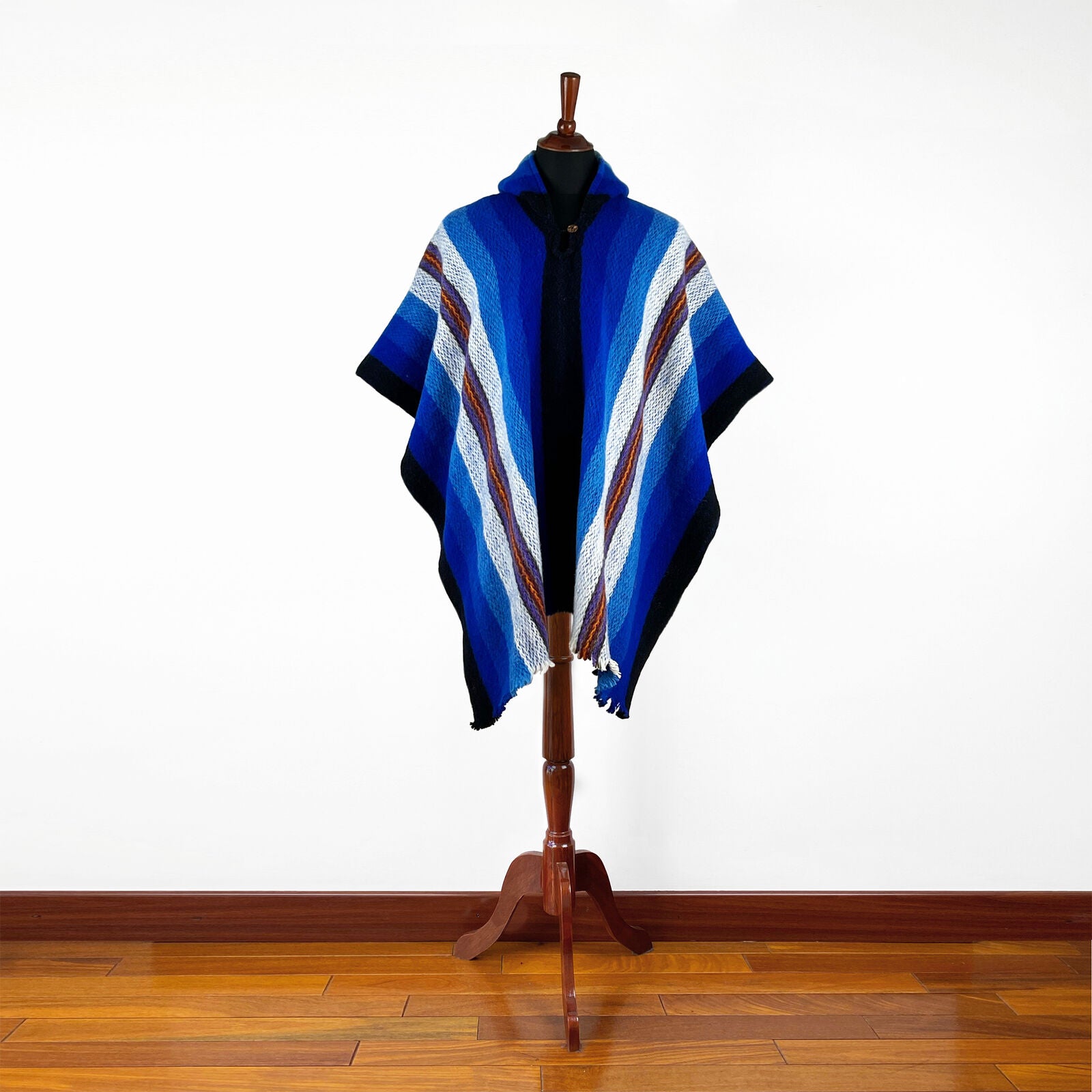 Wuachapa - Llama Wool Unisex South American Handwoven Hooded Poncho - adults/kids sizes - turquoise blue striped pattern