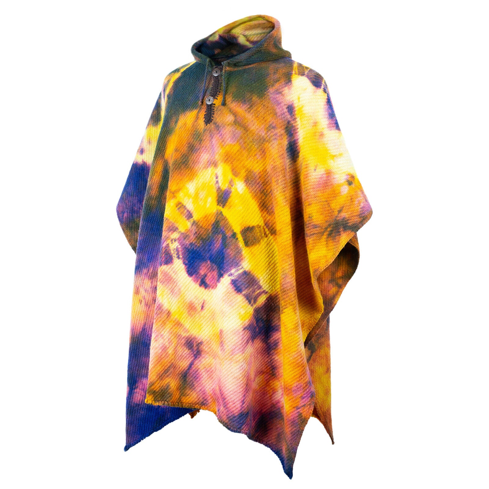 Llamacanche - Llama Wool Unisex South American Handwoven Hooded Poncho - blue/violet/yellow abstract pattern