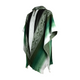 Poncho hanging in a white space, featuring geometric patterns in shades of green, black, and white. It has a vertical stripe design with a buttoned collar detail.