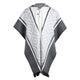 A wool shawl with geometric patterns and a hood, featuring two buttons at the neck, displayed against a plain white background.