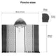 Poncho with a hood, featuring decorative stripes and buttons, is laid flat. Surrounding text indicates measurements: 105 cm / 41 inch for width and length, and hood dimensions 28 cm / 11 inch by 37 cm / 15 inch.