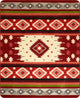 A rectangular rug features geometric patterns with red, cream, and green colors. Central designs include diamonds and zigzags, surrounded by borders with repeating diamond shapes, creating a vibrant southwestern style.