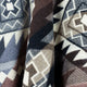 Textile with an intricate geometric pattern featuring zigzags, diamonds, and chevrons in shades of brown, black, and cream. The fabric appears folded, displaying a textured weave.