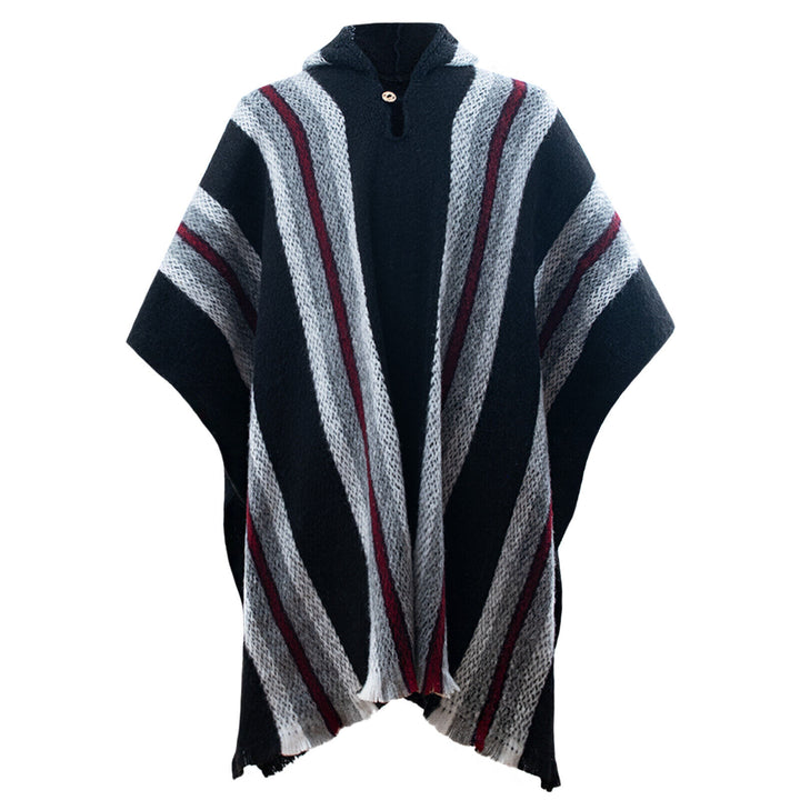 A wool poncho hangs freely, displaying diagonal white and red stripes on a black background. It features a small button near the neckline, all set against a plain white backdrop.
