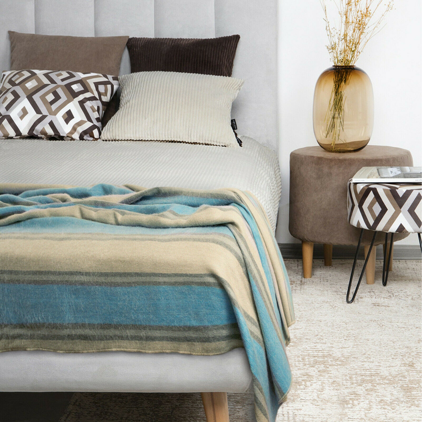 Guayzimi - Baby Alpaca Wool Throw Blanket / Sofa Cover - Queen 95" x 67" - cream turquoise stripes pattern