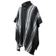 A black poncho with white and gray vertical stripes drapes loosely, featuring a collar with a button. The background is plain white.