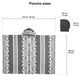 Poncho shown flat with geometric patterns, featuring a hood. Dimensions: 125 cm/49 inch width, 100 cm/39 inch height. Hood size: 28 cm/11 inch wide, 36 cm/14 inch tall. Poncho sizes text displayed.