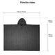 Zampu thick llama wool hooded poncho – a hooded poncho with horizontal ribbing is laid flat. It measures 130 cm/51 inches in width and 96 cm/38 inches in height, with a 35 cm/14 inch hood. Text: Poncho sizes