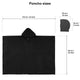 Achema llama wool hooded poncho – a black poncho with a hood lies flat. Dimensions are shown: width 110 cm/43 inches, height 90 cm/35 inches, hood 25 cm/10 inches by 34 cm/13 inches. Text reads Poncho sizes