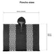 A poncho with a hood and geometric patterns is displayed flat. Measurements are marked: 110 cm (43 inches) wide and 99 cm (39 inches) long. Text above reads: Poncho sizes.
