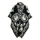 A black and white poncho features intricate geometric patterns, dual wolf images encircled, and dangling feather motifs, providing a blend of Native American-inspired designs in a symmetrical layout.