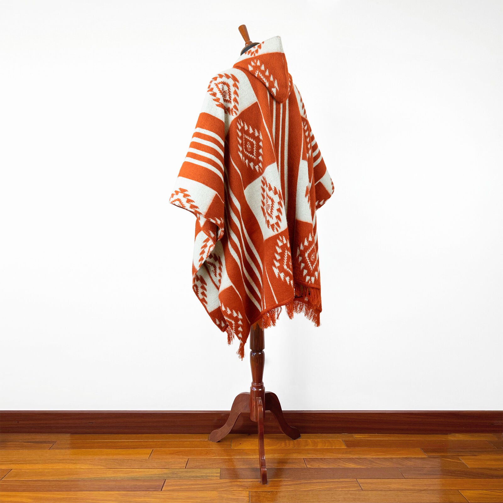 Huicundos - Baby Alpaca wool Unisex Hooded Poncho Pullover S-XXL - brick/orange - Aztec pattern