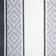 A textile features vertical patterns with alternating geometric designs in gray and white. The symmetrical motifs resemble diamonds, bordered by solid lines, creating a repeated, structured layout.