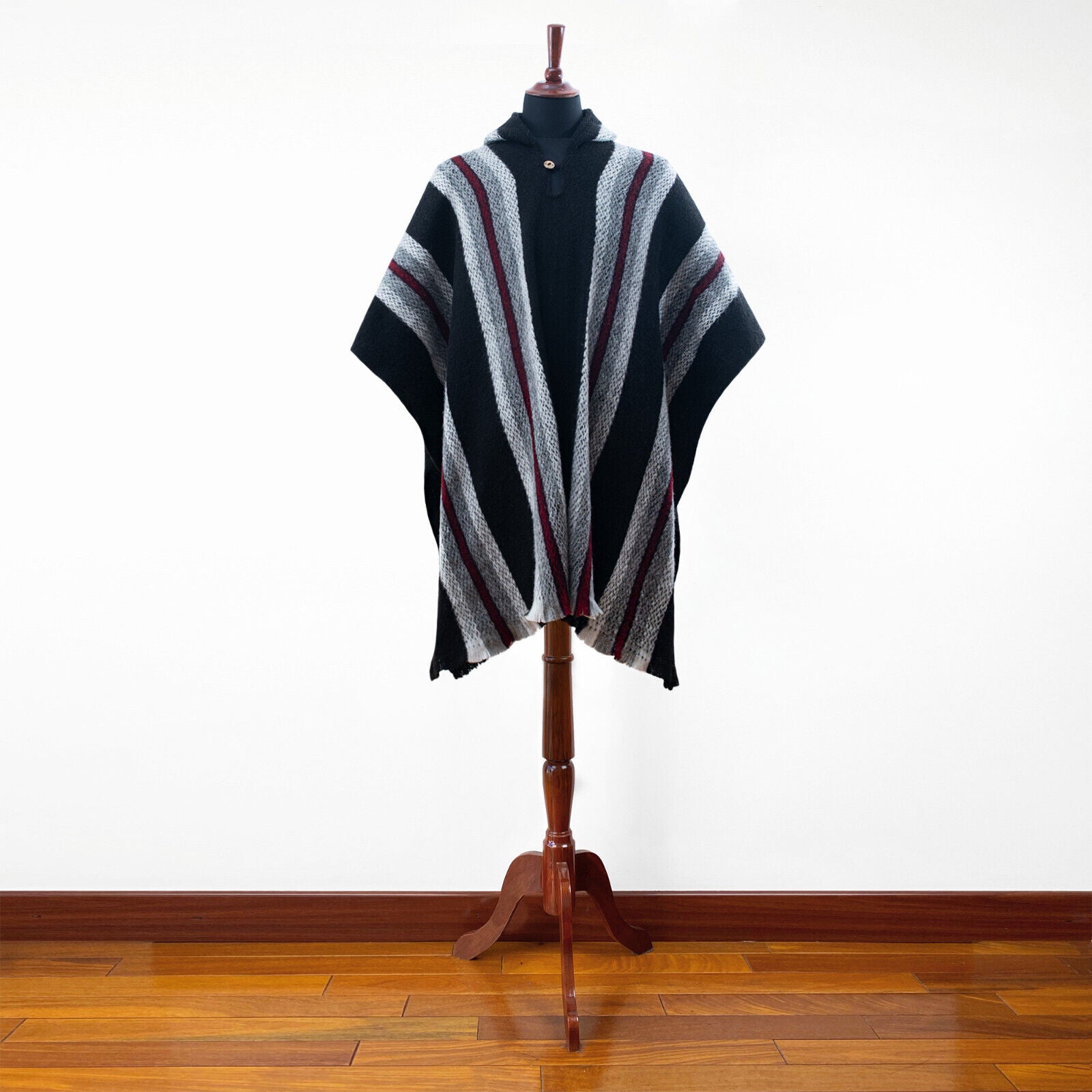 Zhocopa - Llama Wool Unisex South American Handwoven Hooded Poncho - black striped pattern
