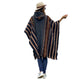 A person wearing a patterned poncho and hat extends their right hand, standing on a plain white background.
