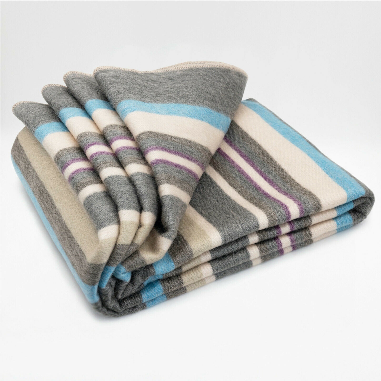 Ujucan - Baby Alpaca Wool Throw Blanket / Sofa Cover - Queen 95" x 66" - turquoise gray stripes pattern