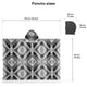 Poncho with geometric patterns is displayed, showing dimensions: 138 cm/54 inches wide, 98 cm/39 inches long. Hood measures 28 cm/11 inches by 38 cm/15 inches. Text: Poncho sizes.