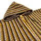 A hooded wool sweater with diagonal yellow, brown, and beige stripes is laid flat. It features a front button closure and is set against a plain white background.