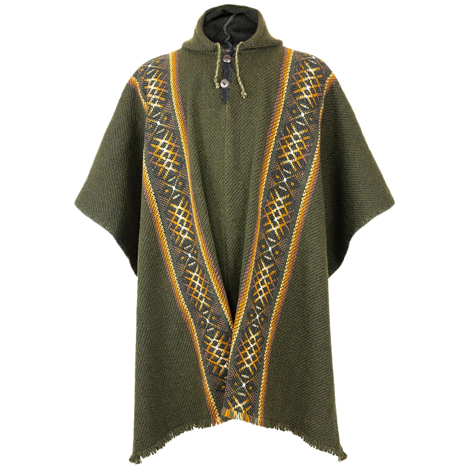 Pucabamba - Llama Wool Unisex South American Handwoven Thick Hooded Poncho - striped - khaki/green